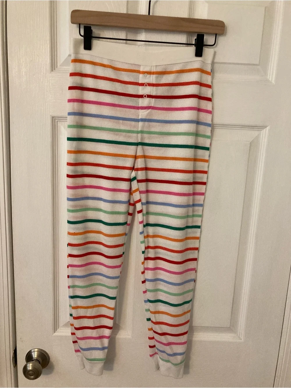 Kids White Thermal Pajama Set with Rainbow Stripe Pants - 